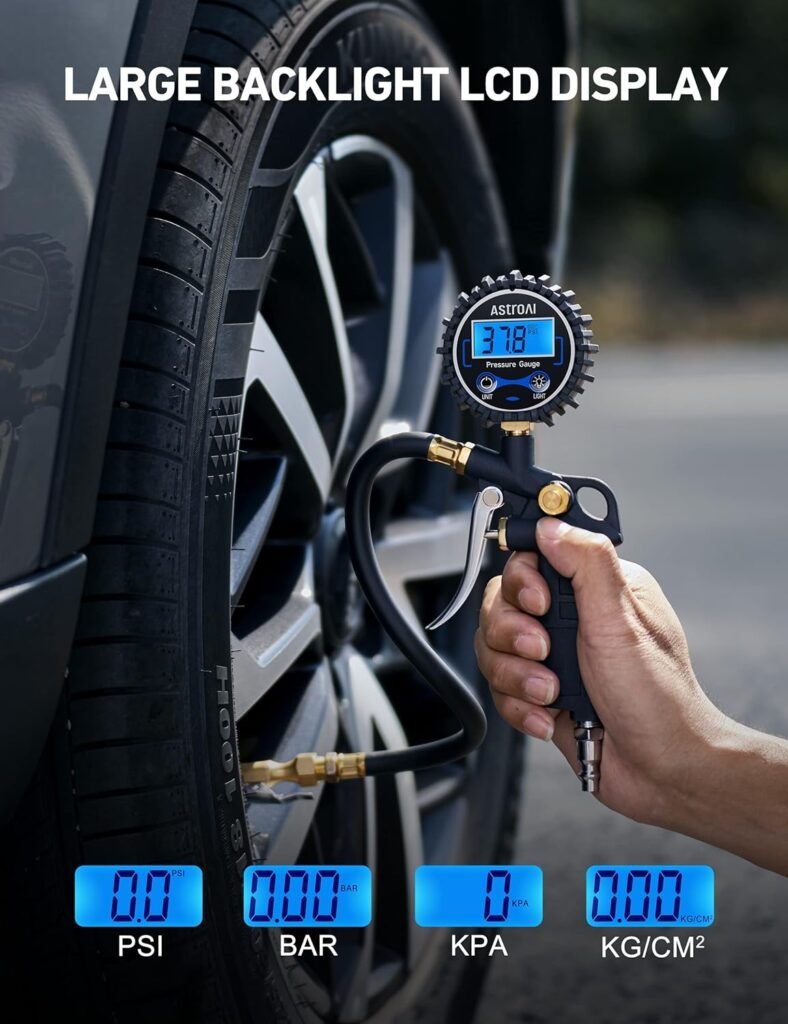 AstroAI Digital Tire Pressure Gauge with Inflator, 250 PSI Air Chuck  Compressor Accessories Heavy Duty with Quick Connect Coupler, 0.1 Display Resolution, Car Accessories  Stocking Stuffers for Men