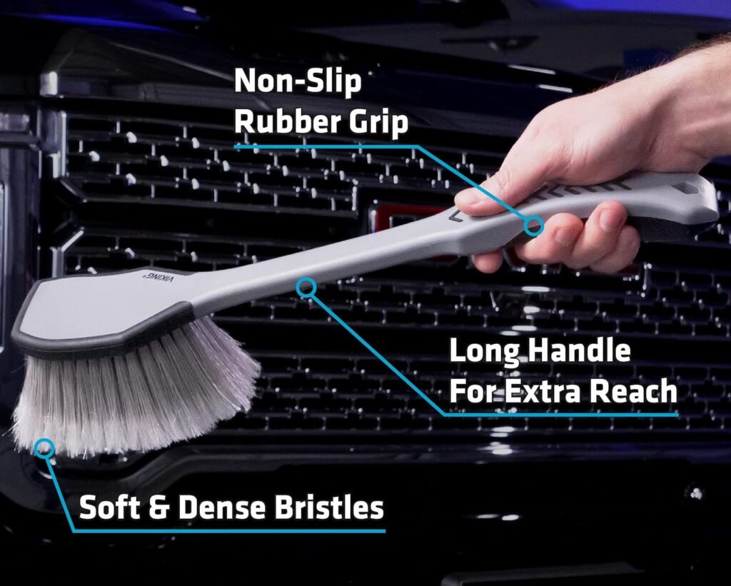 VIKING Car Wash Brush, Wheel and Fender Brush, Long Handle Tire Cleaner for Car Detailing, 16.5 Inch, Grey/Black