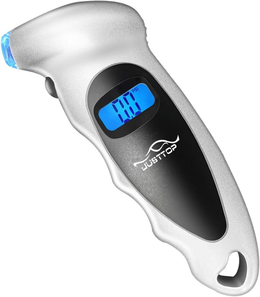 JUSTTOP Digital Tire Pressure Gauge, 150PSI 4 Setting for Cars, Trucks and Bicycles, Backlit LCD and Anti-Skid Grip for Easy and Accurate Reading(Silver)