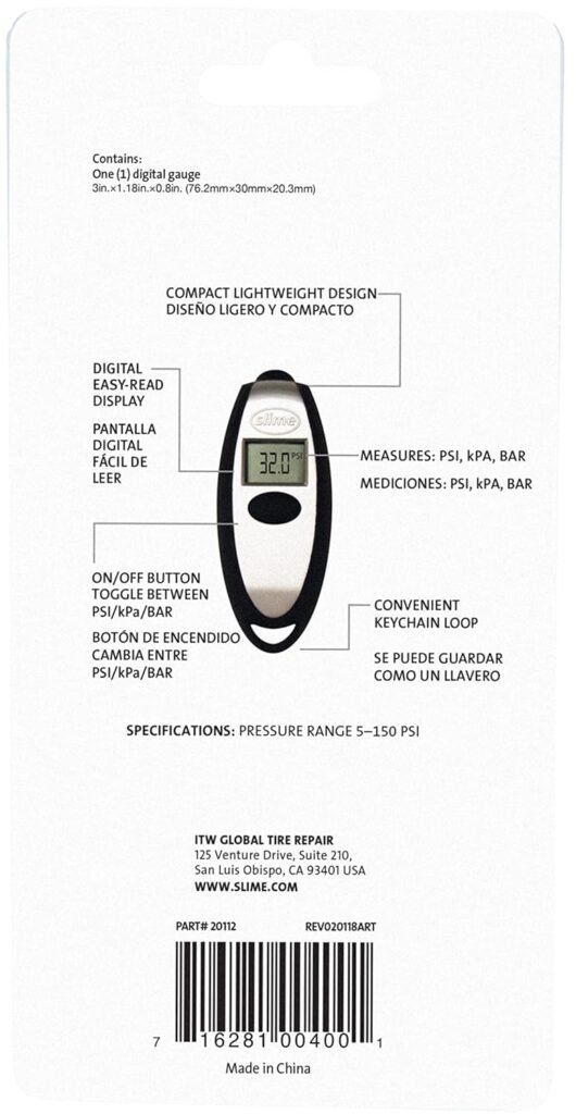 Slime 20017 Tire Pressure Gauge, Digital Gauge, 5-150 PSI