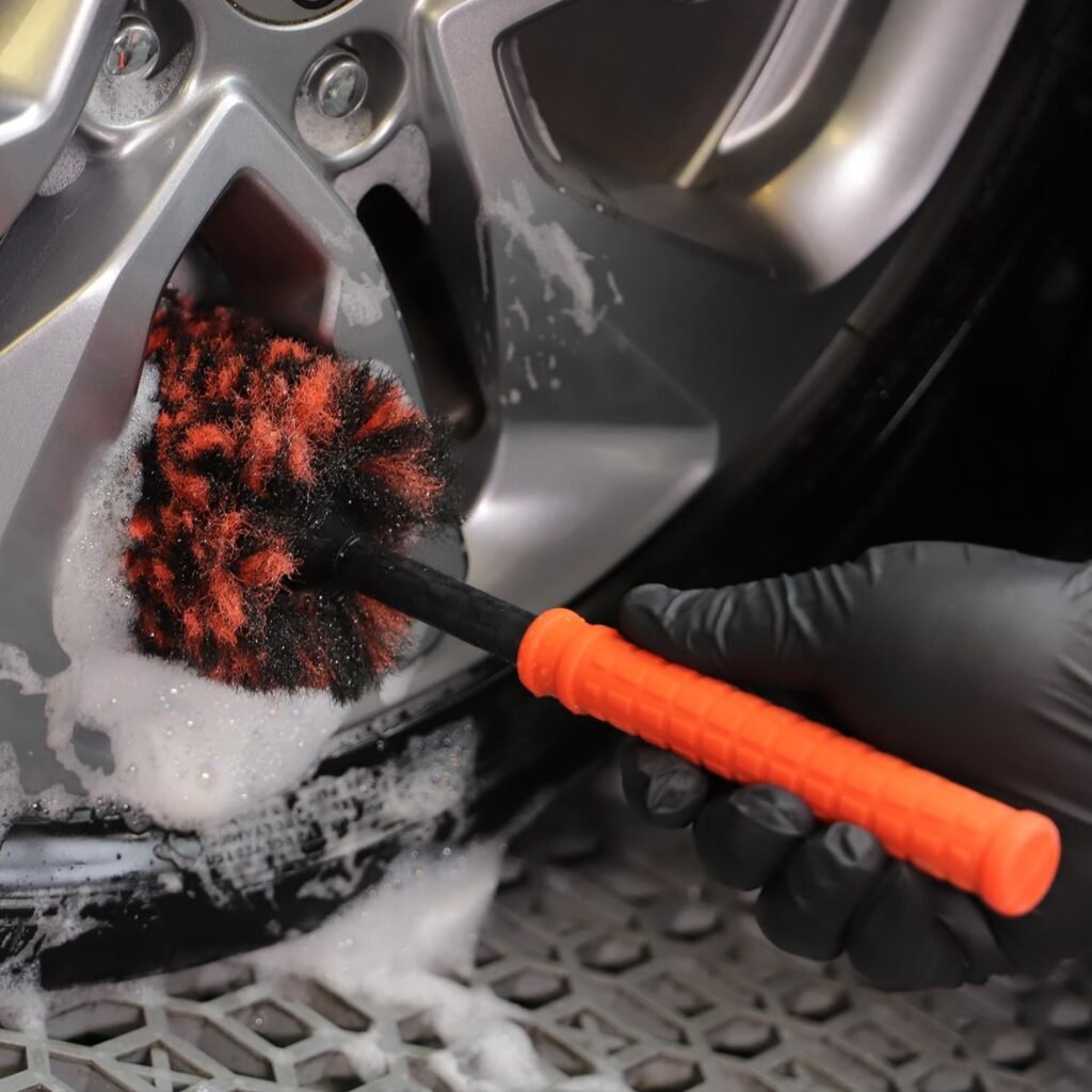 SPTA Angled Car Wheel Brush Set, 2Pcs Synthetic Wool Rim Cleaner Brush, Metal Free Rim Tire Detail Brush, Remove Brake Dust  Dirt Behind Your Rim Accessories