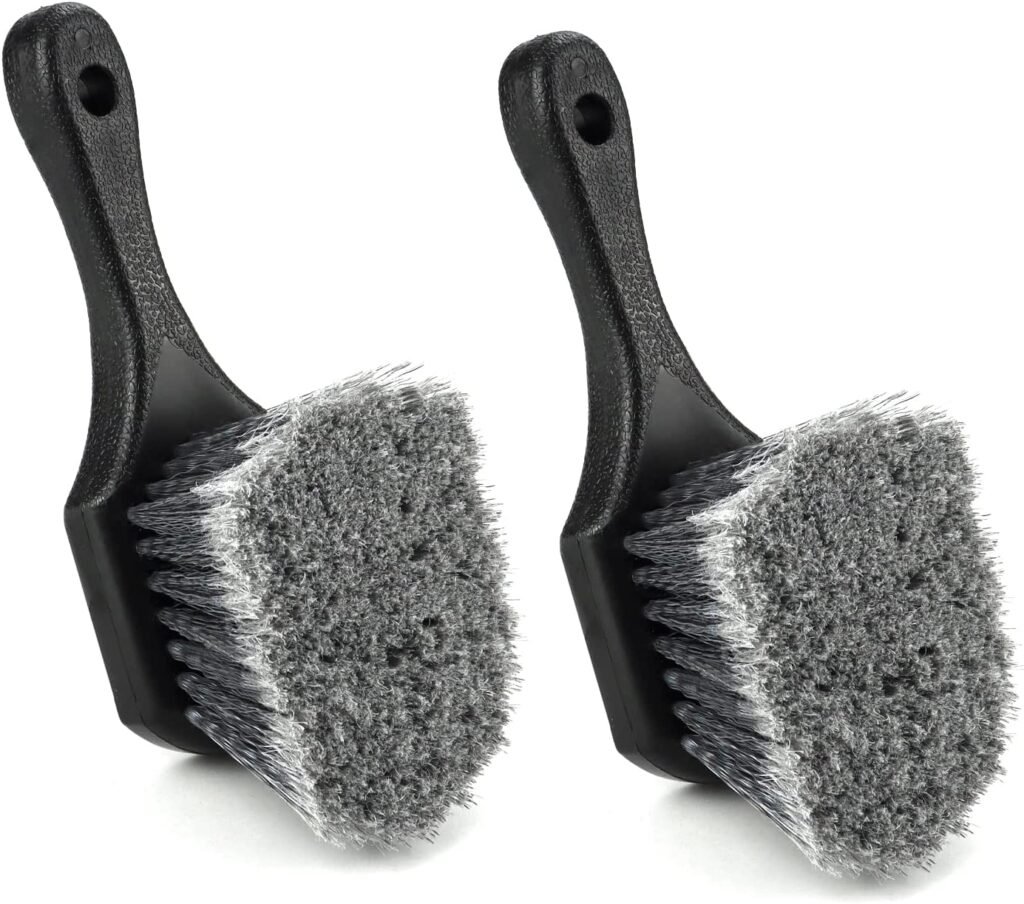 QWORK Short Handle Tire and Wheel Brush for Car Rim, Soft Bristles for Gentle Washing, Efficiently Cleans Tires