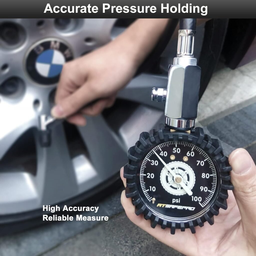 Tire Pressure Gauge 100psi Glow in The Dark, ATsafepro 2.5” Dial Mechanical Tire Gauges for Tire Pressure, Certificated Accuracy Analog Air Pressure Gauge for Cars, Trucks, Bicycles.