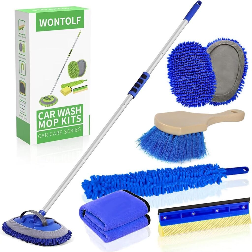 62 Car Wash Brush with Long Handle Chenille Microfiber Car Wash Mop Mitt Car Cleaning Kit Windshield Window Squeegee Car Duster Microfiber Towels Wheel Tire Brush for Cars RV Truck Boat