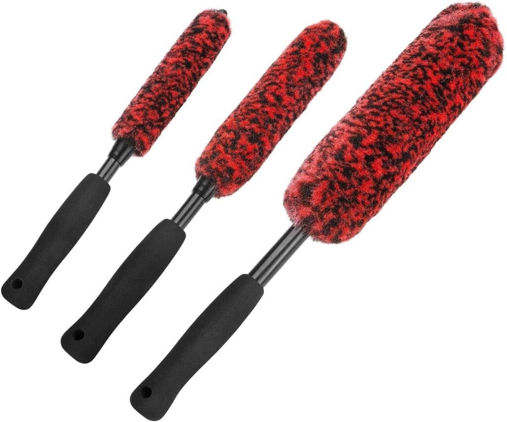 Car Wool Wheel Brushes for Cleaning Wheels Set (3 Pack), Metal-Free Tire Brushes Kit, Soft Wheel Brushes for Cleaning Tires and Rims